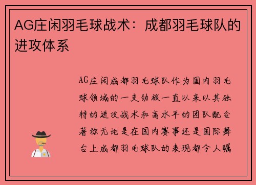 AG庄闲羽毛球战术：成都羽毛球队的进攻体系